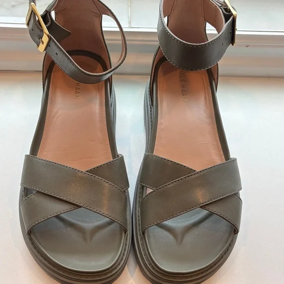 Cole Haan Tea Leaf Green Leather Platform Ankle-Strap Sandals - Picture 4 of 10